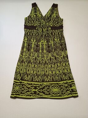 London Style Y2kSleeveless V-Neck Green & Brown Patterned Summer Dress Size 12